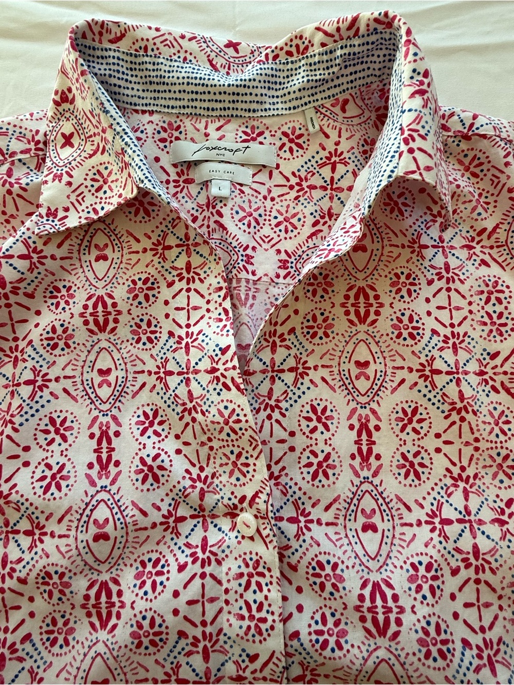 Foxcroft NYC Easy Care Button Front Shirt Large Pink Blue Print 3/4 Sleeve - Picture 6 of 10